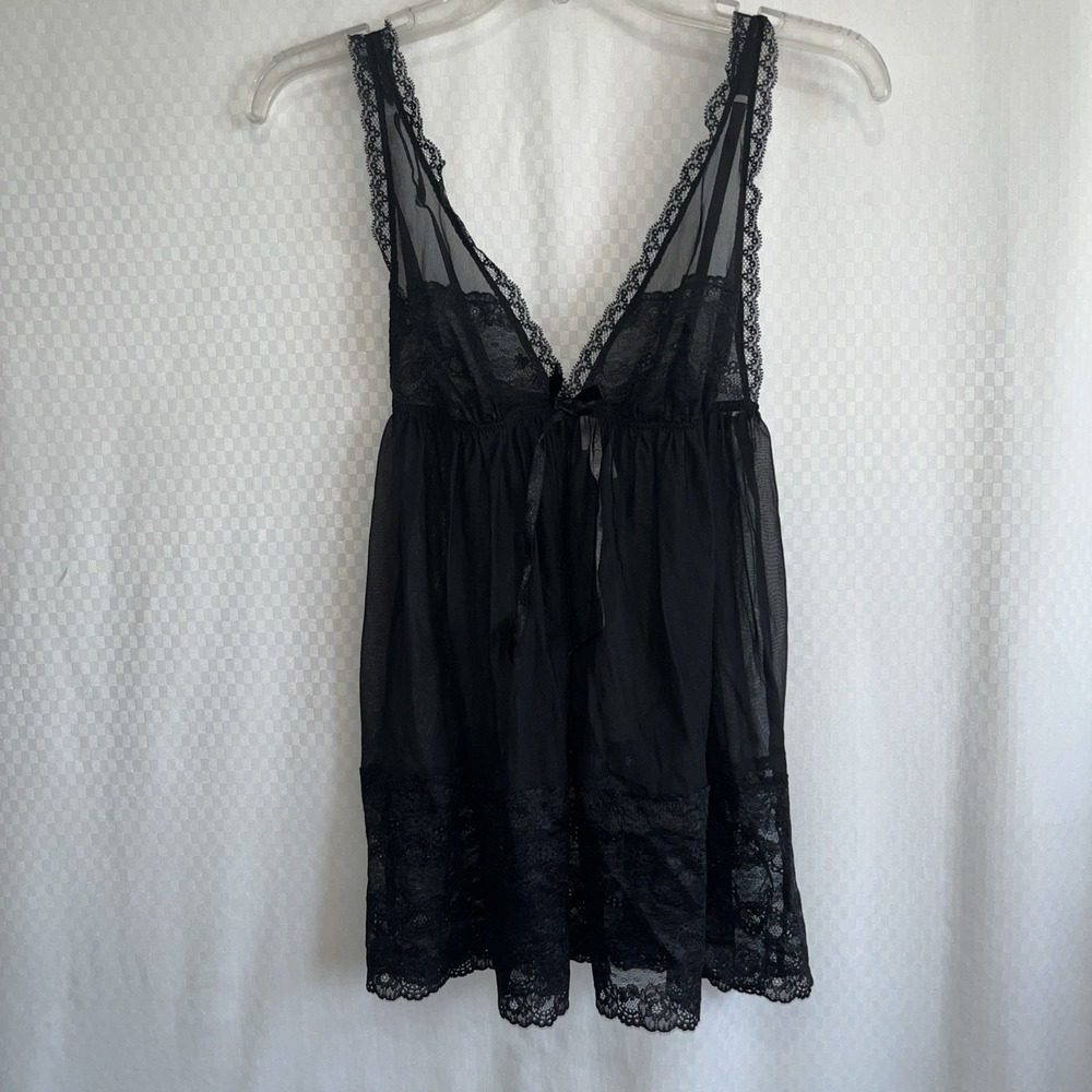 VICTORIA'S SECRET Black MESH LACE Sheer BABYDOLL NIGHTGOWN SET SZ M
